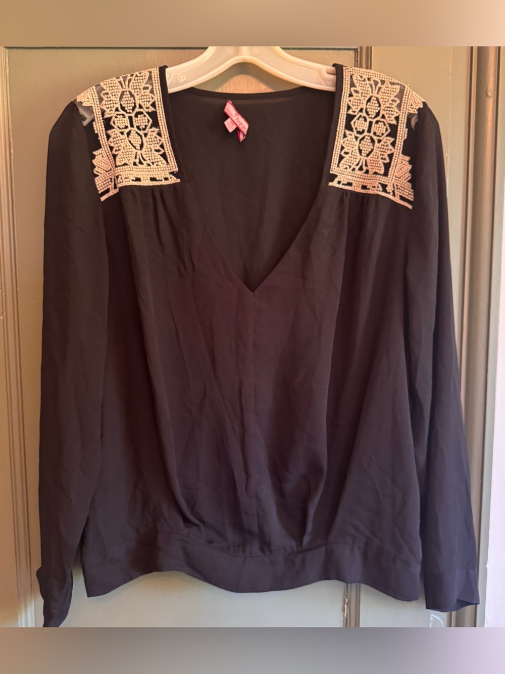 Womens Black V-Neck Top with Lace Shoulder Panels